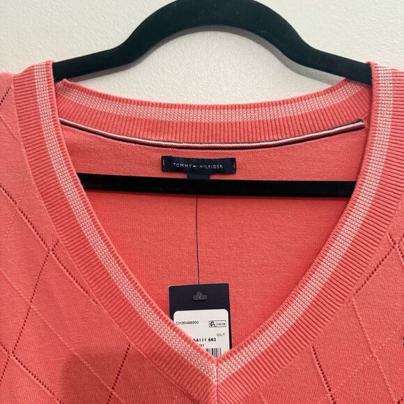 NEW Tommy Hilfiger Argyle Knit Sweater Womens XXL Coral V-neck Preppy Classic - Picture 3 of 8